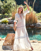 Robe longue Emma en dentelle crochetée transparente - Blanche