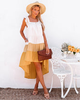 Robe midi asymétrique à poches et volants Melody Of Summer - Moutarde