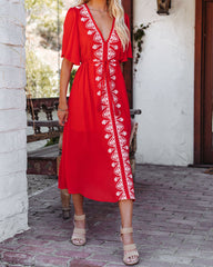 Robe midi à franges brodées Presidio - Rouge tomate