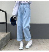KittenAlarm - Jeans Femme Uni Vintage Taille Haute Jambes Larges Pantalon en Denim Simple Étudiantes Décontractées et Chics Style Harajuku