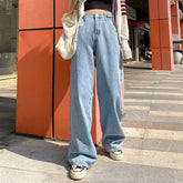 KittenAlarm - Jeans femme taille haute, jambes larges, denim bleu streetwear vintage, style Harajuku, pantalon droit