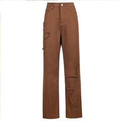 KittenAlarm - Jean baggy à poches patchwork Weekeep, style streetwear, 100% coton, pantalon cargo ample, style coréen Harajuku, pour femme.