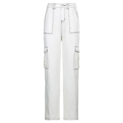 KittenAlarm - Jean baggy à poches patchwork Weekeep, style streetwear, 100% coton, pantalon cargo ample, style coréen Harajuku, pour femme.