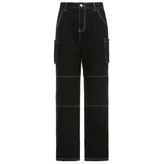 KittenAlarm - Jean baggy à poches patchwork Weekeep, style streetwear, 100% coton, pantalon cargo ample, style coréen Harajuku, pour femme.