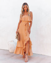 Robe longue bustier asymétrique Rosemont en coton et lin - Pêche