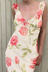 Robe midi à col en V en maille florale