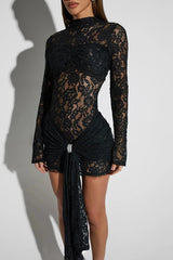 Lace Long Sleeve Ruched Mini Dress