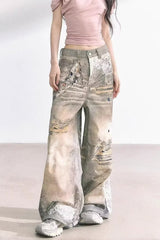 Lace Panel Wide Leg Denim Jeans