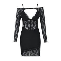 Lace Lace Spaghetti Strap Long Sleeve Bandage One Piece Dress Short Two Piece