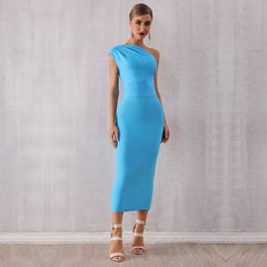 Elegant One Shoulder Bandage One Piece Dress Sleeveless Tight Sky Blue Evening Dress