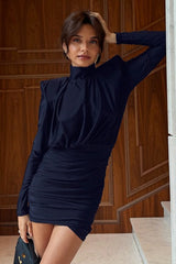 High Neck Navy Long Sleeve Bodycon Mini Dress