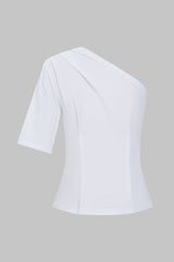 Sloid Pleated One Shoulder T-Shirt
