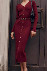 Elegant Slim V Neck Knit Cinched Waist Bodycon Sweater Dress