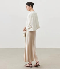 Jupe midi élégante taille haute en satin de soie slim