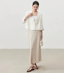 Jupe midi élégante taille haute en satin de soie slim