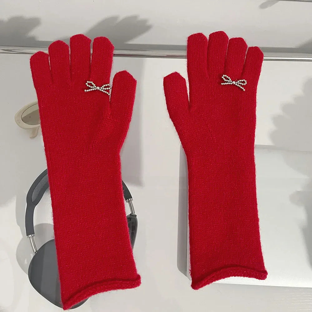 Vintage Red Wool Rabbit Full Finger Mittens For Winter Warmth / One Size Gloves-L