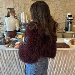 Wine Red Cropped Faux Fur Coat Coats-241208