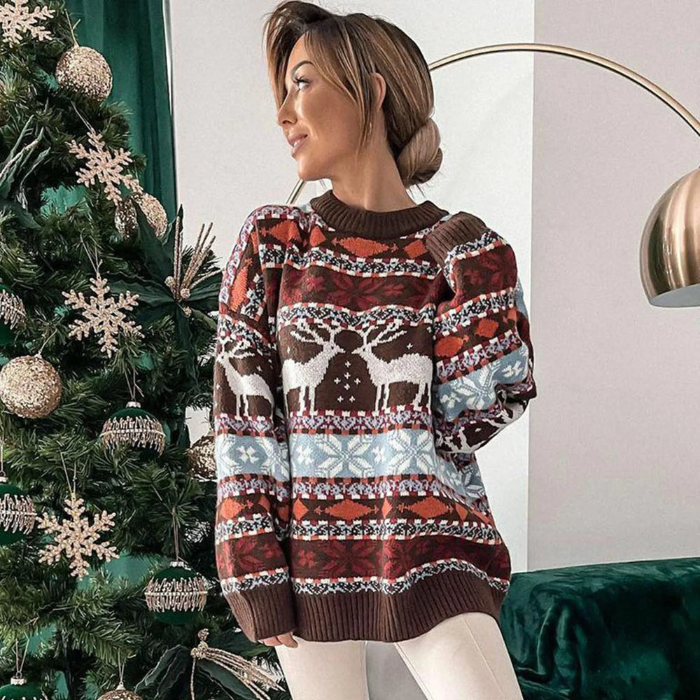 Jacquard Print Warm Soft Loose Casual Full Sleeve Christmas Sweater Brown / S Sweaters-L