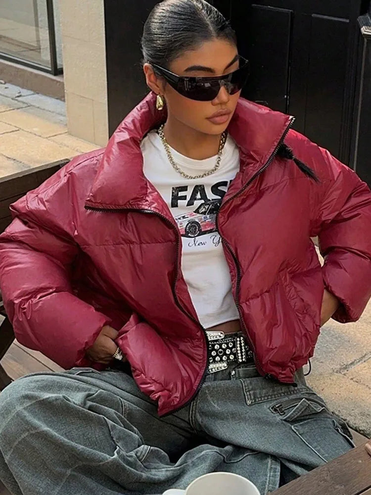 Solid Front Zipper Cotton Coat Coats-241208