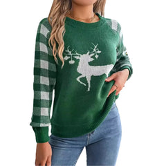 Checkered Deer Long Sleeve Hoodie Red Green Knitted Pullover New Year Christmas Sweater Sweaters-L