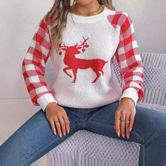 Checkered Deer Long Sleeve Hoodie Red Green Knitted Pullover New Year Christmas Sweater Sweaters-L