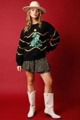 Christmas Tree Sequin Casual Loose Long Sleeve Tee