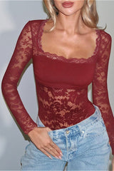 T-shirt slim à manches longues et col carré en dentelle à empiècements