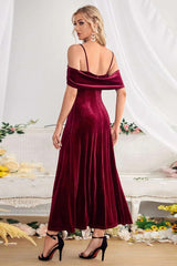 Velvet Off Shoulder Sling Split Maxi Evening Velvet Dress