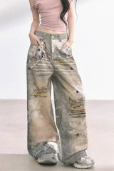 Lace Panel Wide Leg Denim Jeans