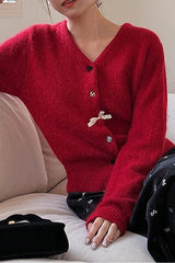 V Neck Bow Detail Button Christmas Cardigan
