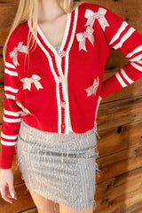 Sweet Bow V Neck Long Sleeve Christmas Cardigan