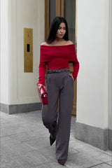 T-shirt sexy moulant à manches longues et épaules dénudées