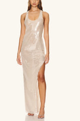 Elegant Sling Sleeveless U Neck Fitted Slit Sequin Dress