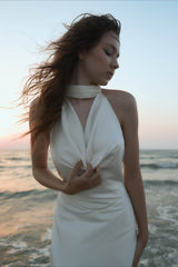 Robe de soirée drapée à col bénitier