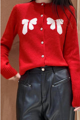 Bow Accent Red Knit Christmas Cardigan