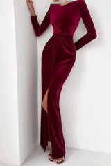 Sultry High Slit Angora Red Velvet Dress