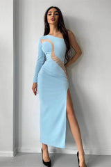 Asymmetrical One-Shoulder Mesh Midi Dress