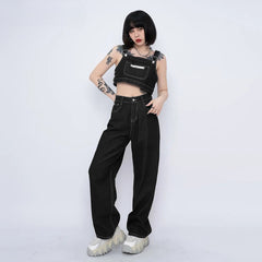 Pantalon décontracté en denim blanc à coutures apparentes et poches bavette ajustables