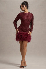 Chic Long Sleeve Crew Neck Solid Sequin Feather Sequin Dress
