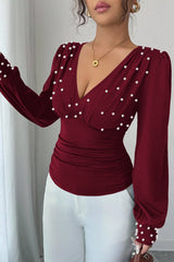 T-shirt sexy à manches longues, col en V uni, taille froncée et accent de perles