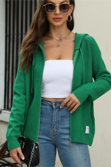 Solid Hooded Zip Drawstring Knit Cardigan Christmas Outerwear