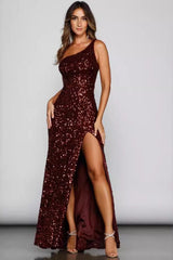 Sexy One-Shoulder Sleeveless Slit Bodycon Party Sequin Dress