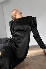 Black Satin Puff Sleeve Midi Dress