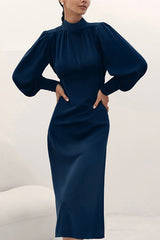 High Neck Long Sleeve A-Line Midi Dress