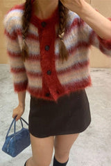 Striped Cropped Round Neck Christmas Cardigan