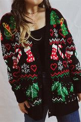 Themed Print Long Sleeve Button Christmas Cardigan