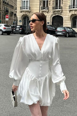 White V-Neck Puff Sleeve Mini Dress