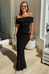 Off-the-Shoulder Ruched Tulle Paneled Cutout Maxi Dress