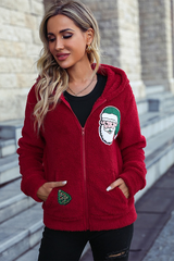 Hooded Zip Long Sleeve Fleece Loose   Christmas Outerwear