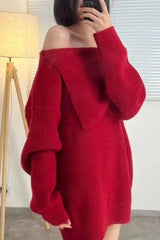 Relaxed Effortless Boat Neck Midi Knit Sweater Dress